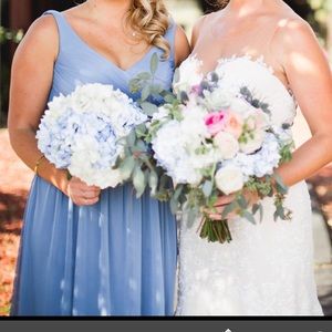 Blue grey, Long mesh cowl back bridesmaids dress